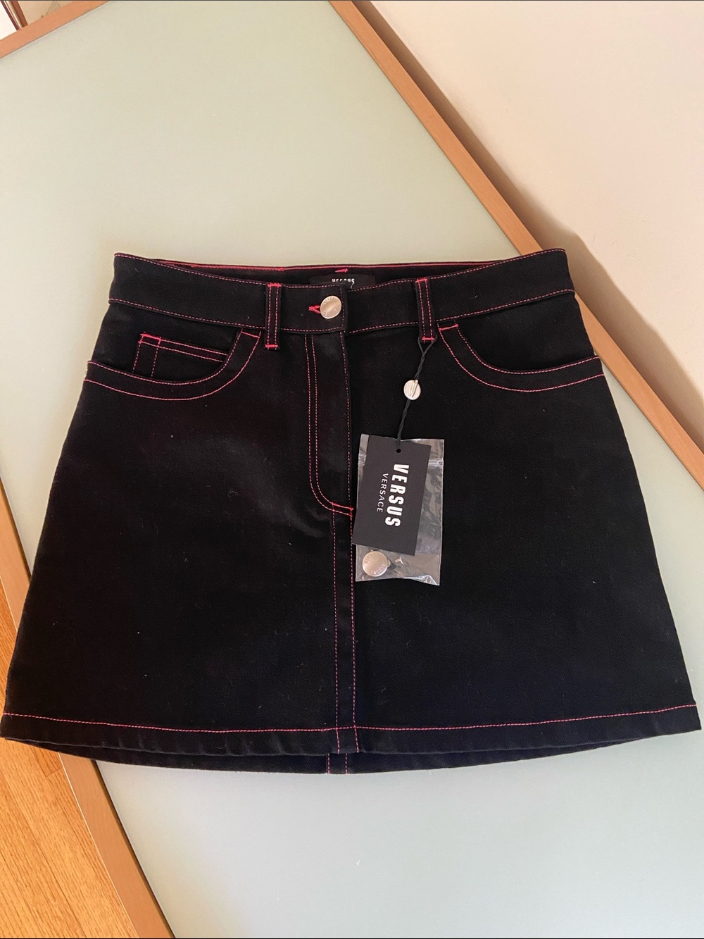 Versus Versace Black Denim Mini Skirt.